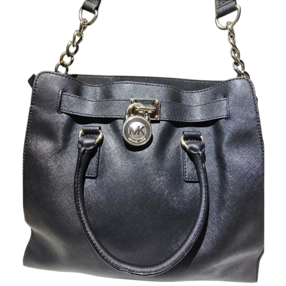 Michael Kors Hamilton Large EW Satchel Black Saffiano Leather Silver Lock 30T2SH